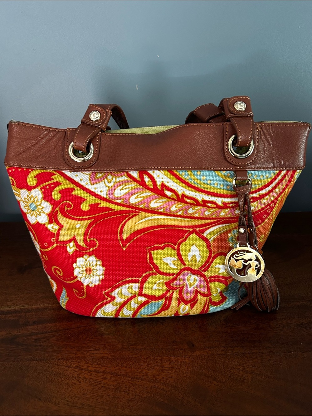 Spartina 449 Red Floral Canvas Tote with Brown Trim and Tassel Charm